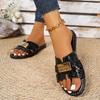 Women's Wide Width Solid Color Slides, Round Toe Flat Sandals, Classic Summer Slippers for Women
