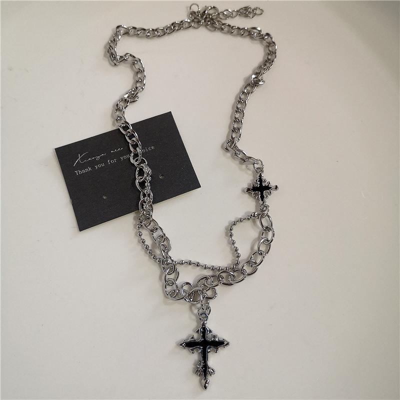 Punk Rock Black Heart Cross Pendant Chain Necklace For Men Women Cool Hip Hop Street Vintage 90s Y2K Grunge Goth Accessories