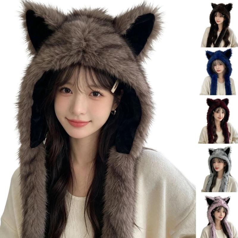 Plush Cats Ear Hat with Faux Furs Look Earflaps, Long Coverage Thick Warm Hat for Cold Weather Daily Outfit Styling, Outdoor Activity