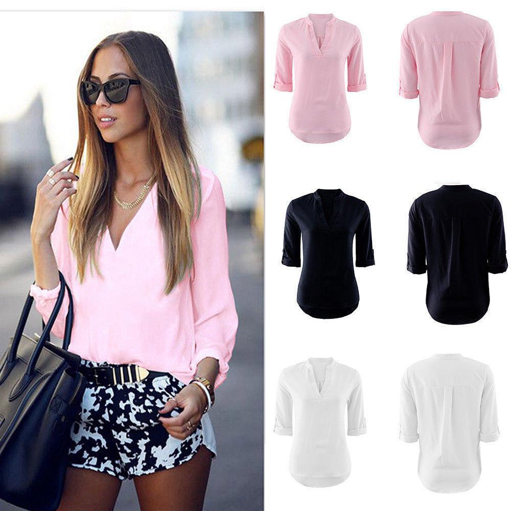 Polyester V Neck Button Front Womens Casual Shirt For Office And Spring Wear