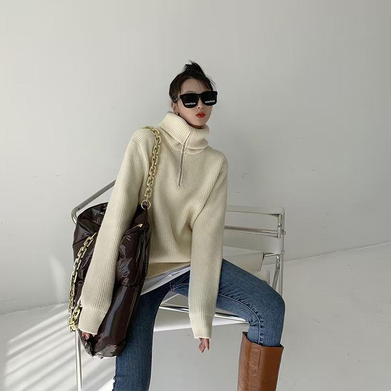 Autumn Loose Solid Color Half-Zip Knit Sweater with Turn-Down Collar for Women