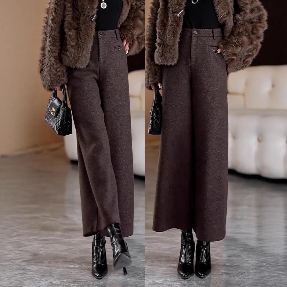 Women's Woolen Wide-Leg High-Waist Pants with Velvet, Autumn/Winter 2025 - Thick, Loose, Straight Leg Design for Small Heights