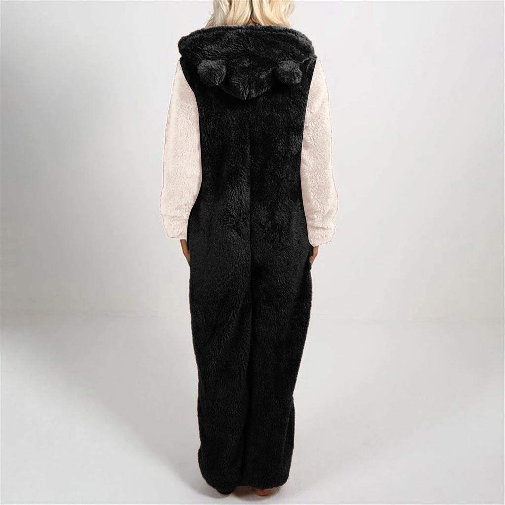 Damen Langarm-Overall mit Kapuze, Pyjama, lässiger Winter-warmer Strampler, Nachtwäsche