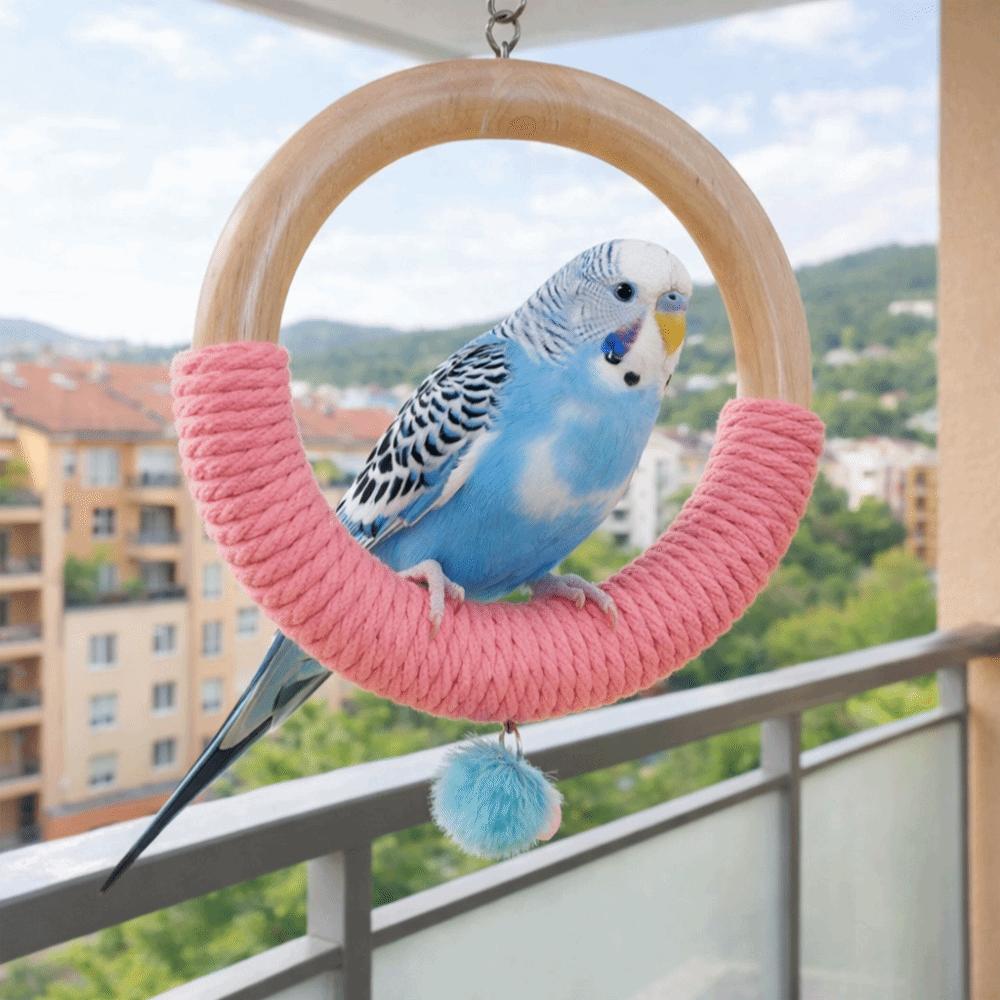 With Bell Bird Swing Toy Wood Hanging Parrot Ring Toy Bird Cage Perch  Climbing Play