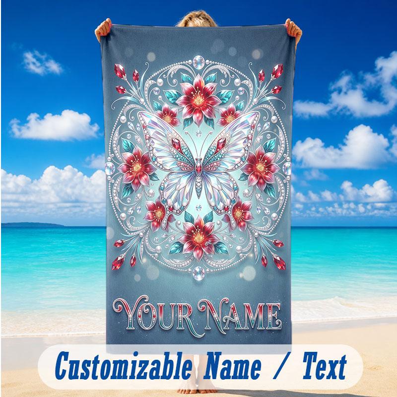 Butterfly Theme Beach Towel Personalized Custom Name & Text Soft Quick Dry Beach Towel for Swimming Travel