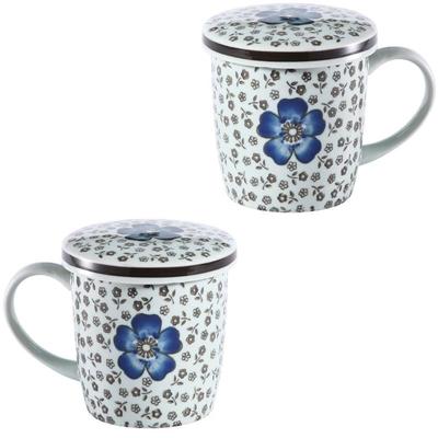 Nishida Mugs Set with Lids Pair of Japanese Style with Floral Microwave and Dishwasher Commercial Use 2-Piece (350ml) - Mugs, Pattern, Safe, (Blue