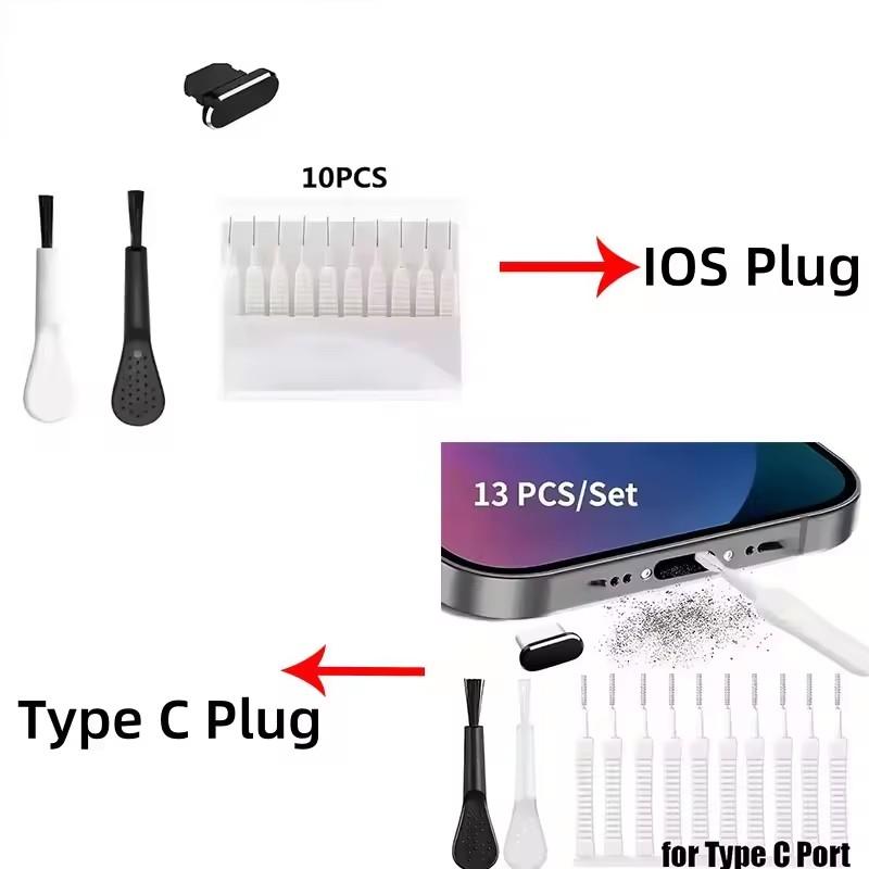 10/1Pcs Cell Phone Charging Port Dust Plug with Cleaning Brush for iPhone 17 Pro Max Plus Samsung Xiaomi iOS Type C Cleaner Set
