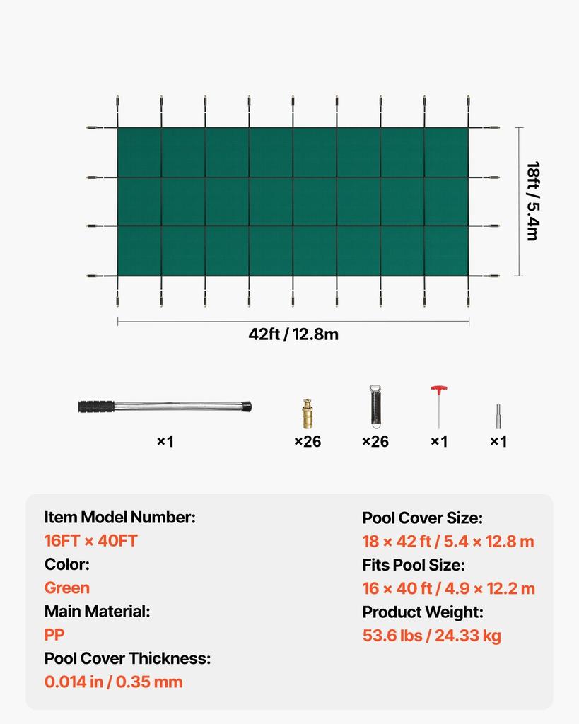 Pool Safety Cover 18x42ft, Inground Pool Cover fit for 16x40 ft Pool, Rectangle Inground Safety Pool Cover Green Mesh Solid Pool Safety Cover for