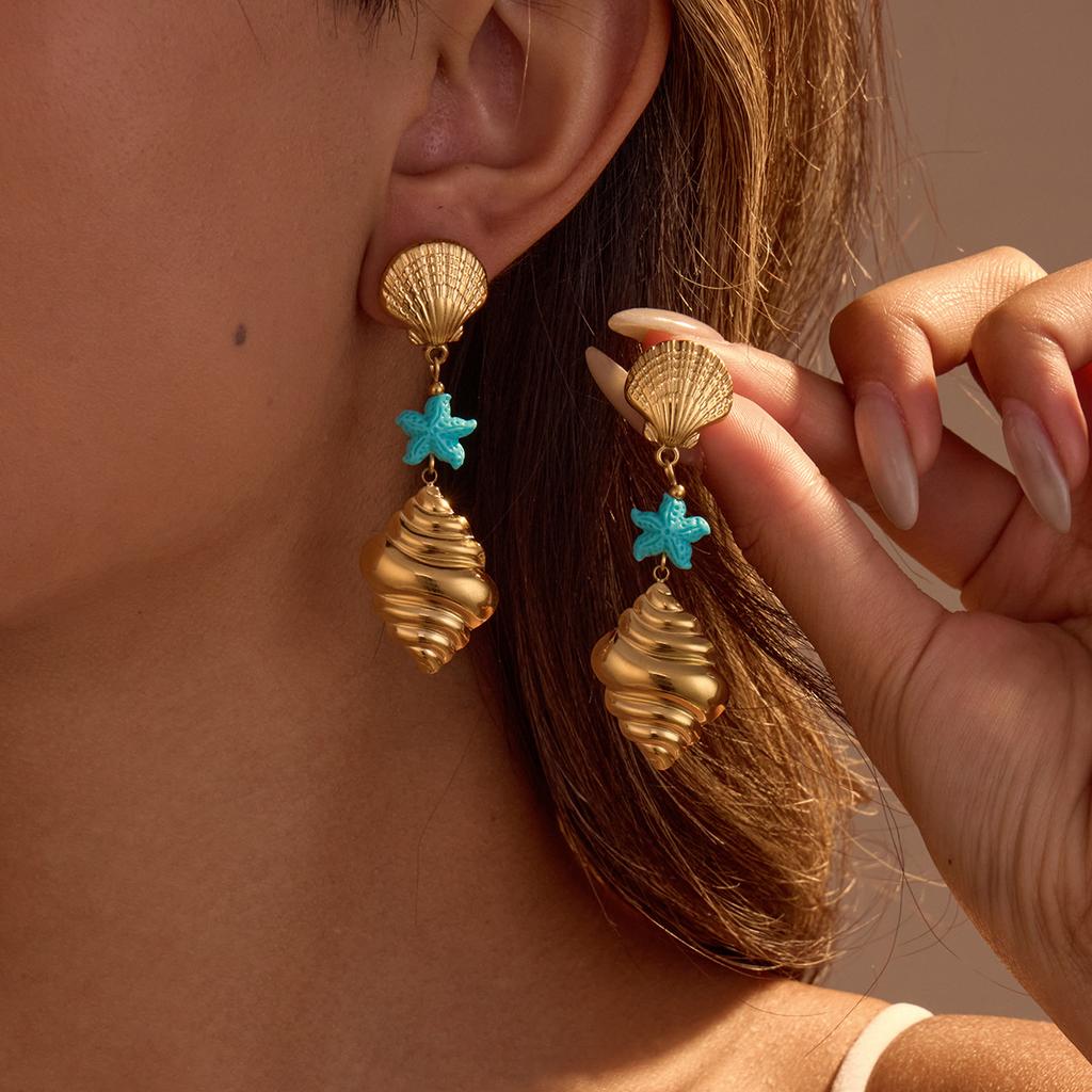 GEMCHIC Women's Summer Ocean Style Drop Earrings Gold Plated Conch Shell & Starfish Dangle Earrings Beach Vacation Jewelry