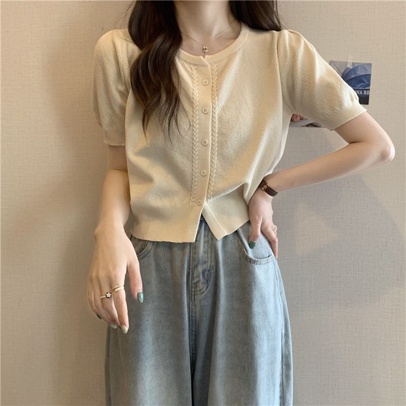 Knitted Women's Summer French Cool Style High-end Retro Round Neck Versatile Short Sleeved Cardigan Top