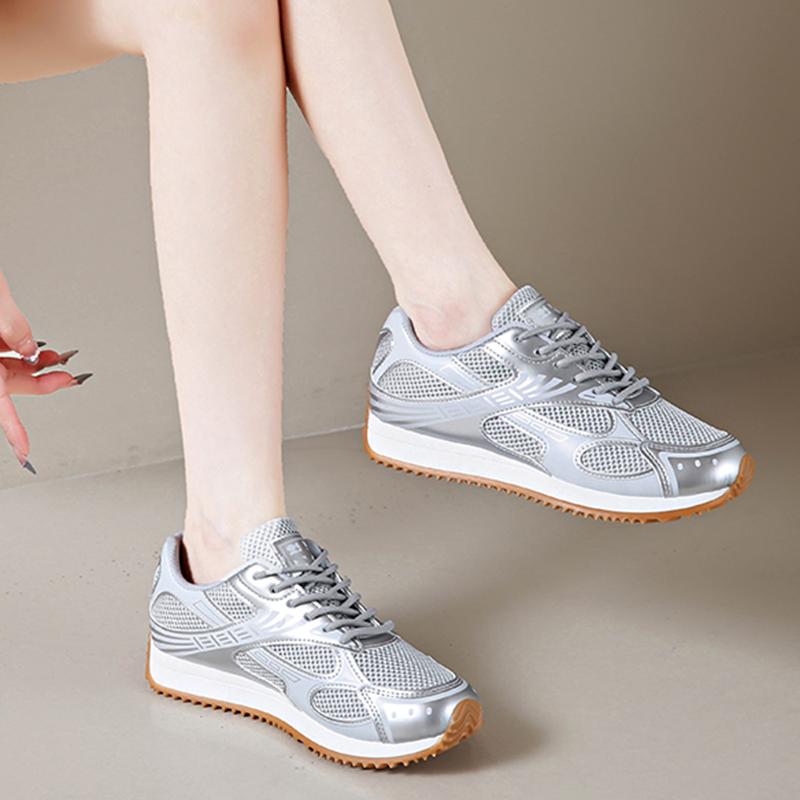 Fashion Women's Sneakers Fashion Breathable Mesh Women Shoes Sliver Thick Bottom Sneakers Vulcanized Shoes Comfy Lace Up Tennis Shoes