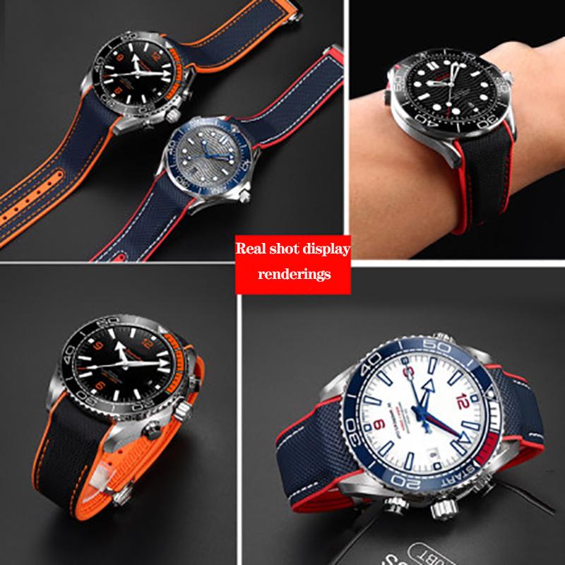 New 20mm 22mm Rubber Silicone Back Blue Watch Strap Nylon Watchband For Omega Seamaster 300 Speedmaster 8900 Planet Ocean Tools