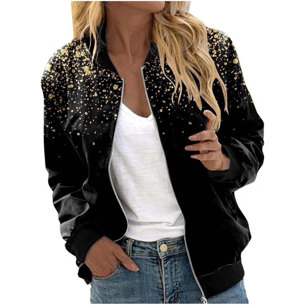 Women's Fashion Long Sleeve Sequin Starlight Print Round Neck Zip Jacket