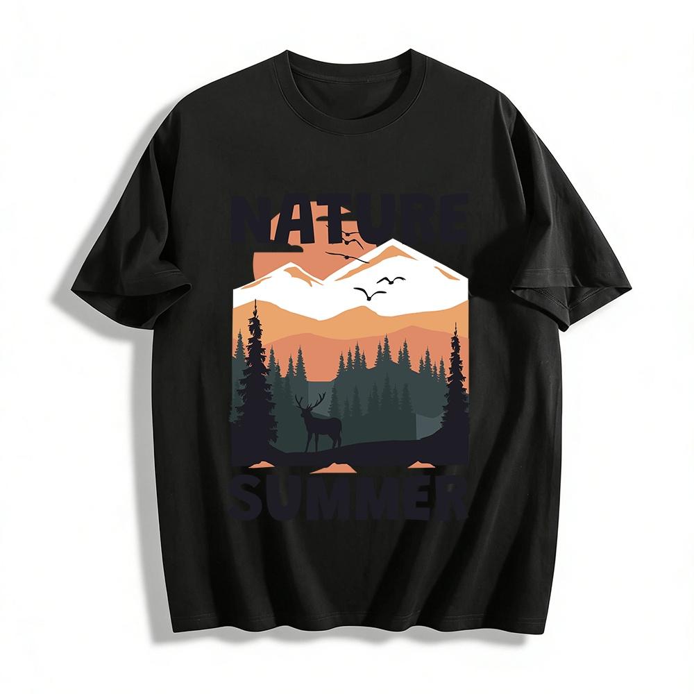 Nature Summer Outdoor Graphic Tee Forest Deer Mountain Casual Top Pure cotton T-shirt XXS