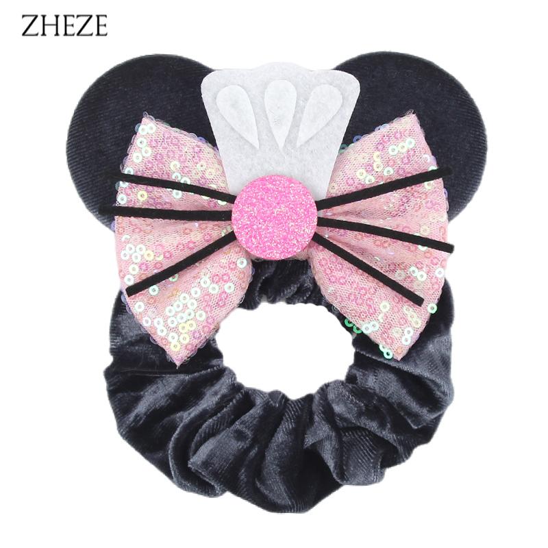 New Disney Mouse Ears Scrunchies Hairband Girl Ponytail Holder For Women Sequins Bows Headband  Women Trip DIY Accessories