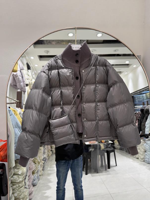 Korean Style Women's Stand Collar Short Down Jacket - Patchwork Knit, Warm and Versatile Winter Coat