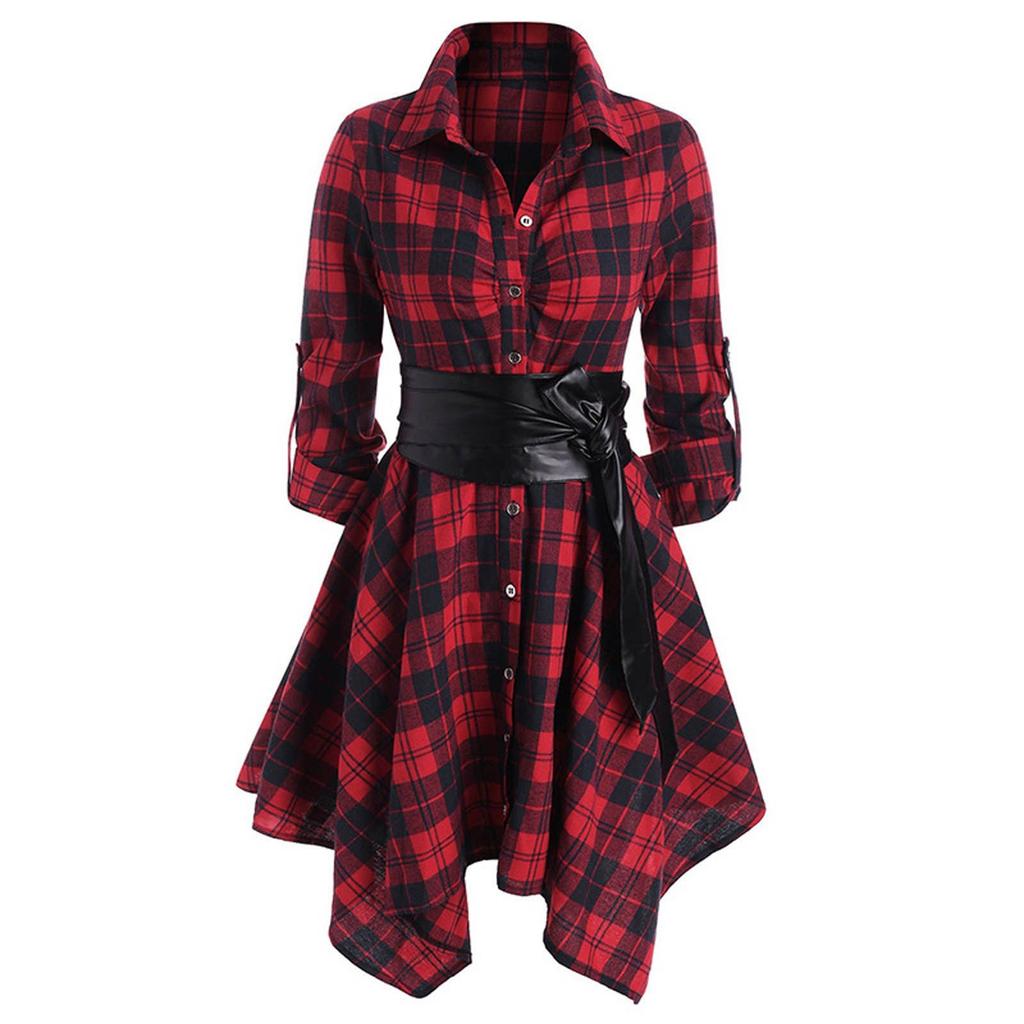 Wome Fashion Loose Long Sleeve Plaid Print Lace Splice Coat Tops T-shirt Dress
