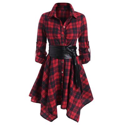 Wome Fashion Loose Long Sleeve Plaid Print Lace Splice Coat Tops T-shirt Dress