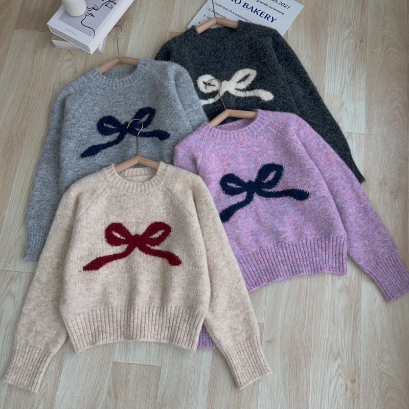 Sweter damski jesienno-zimowy z kokardą, z okrągłym dekoltem, pulower, bielizna wewnętrzna, mały, miękki, kleisty, bazowy, dzianinowy