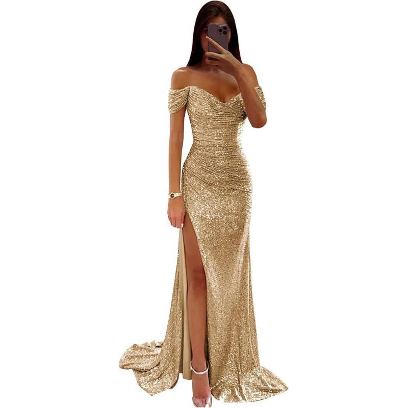 New Women's Off Shoulder Sequin Evening Dress High Slit Bodycon Maxi Party Gown for Formal Cocktail Prom Wedding Guest Events