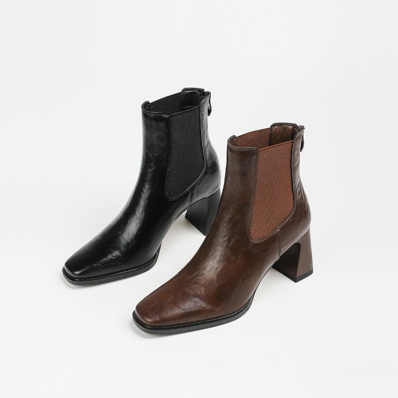 38-Vintage Martin Boots Women's Thick Heel Autumn Square Head Back Zipper Short Boots Women's Medium Heel Boots