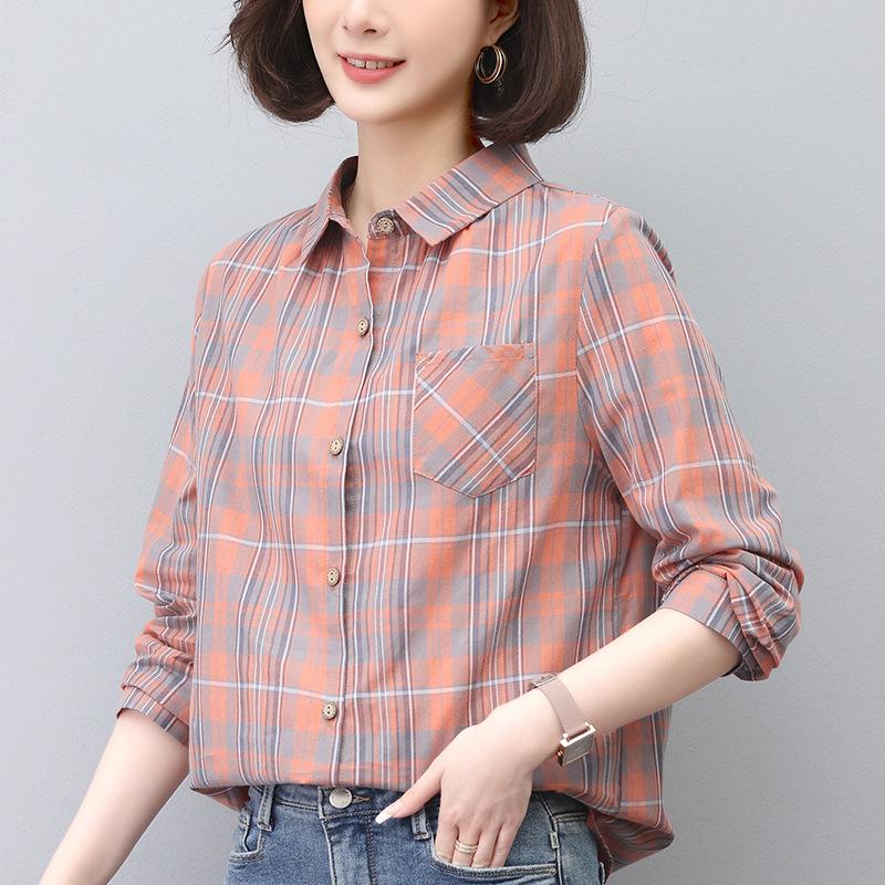 2024 Women's Summer Plaid Long-Sleeve Pure Cotton Loose Shirt - Versatile & Fashionable Top