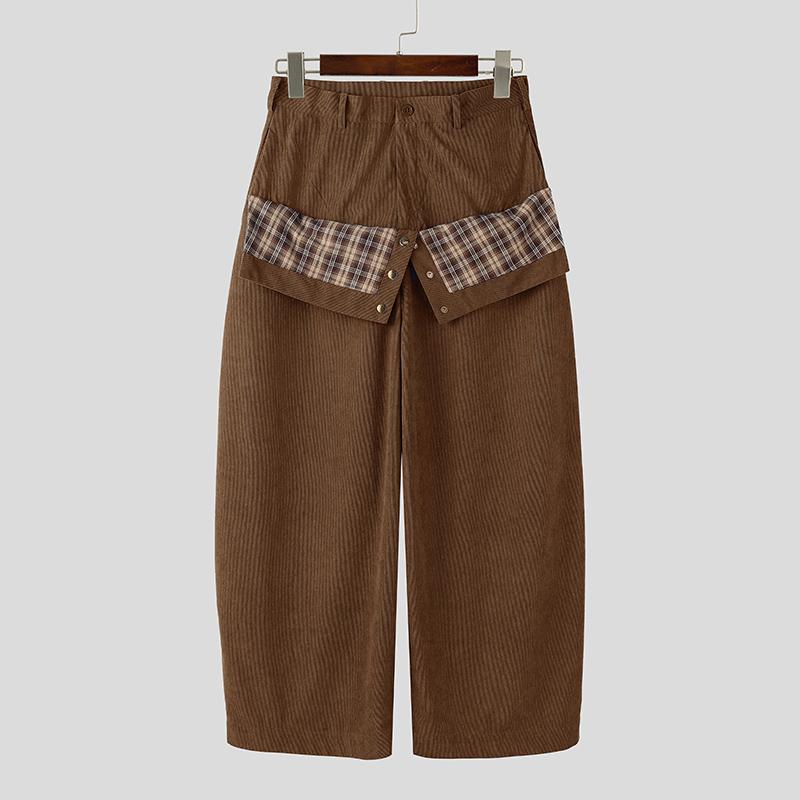 INCERUN Men Zip-up Plaid Wrap Waist Casual Loose Texture Baggy Trousers Pants
