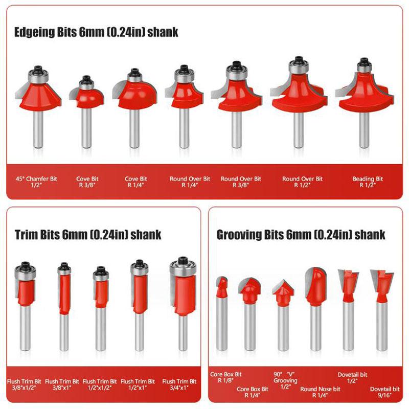 Holzbearbeitungsschneider, 35-teiliges 6-mm-Schaft-Wolframkarbid-Fräser-Set, Holzbearbeitungsschneider, Trimmschneider, Formfräsen