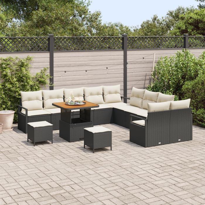 Ensemble de canapé de jardin vidaXL 13 pièces avec coussins noir poly rattan acacia, Canapé de jardin vidaXL 2 places 3362580