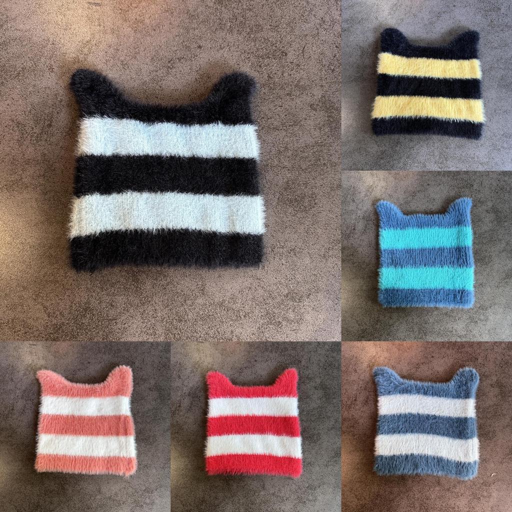Ears Design Cats Knit Cap With Stripe Style For Daily Cold Weather Use Outdoor