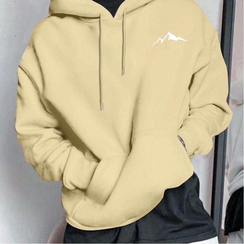 Men's Autumn and Winter Casual Fashion Loose Mountain Graphic Print Long Sleeved Hooded Sweatshirt Warm Pullover