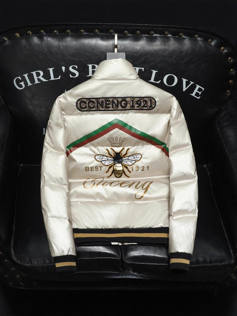 Men's Winter Stand Collar Slim Fit Embroidered Down Jacket - Warm White Duck Down, Plus Size European Trendy Outerwear