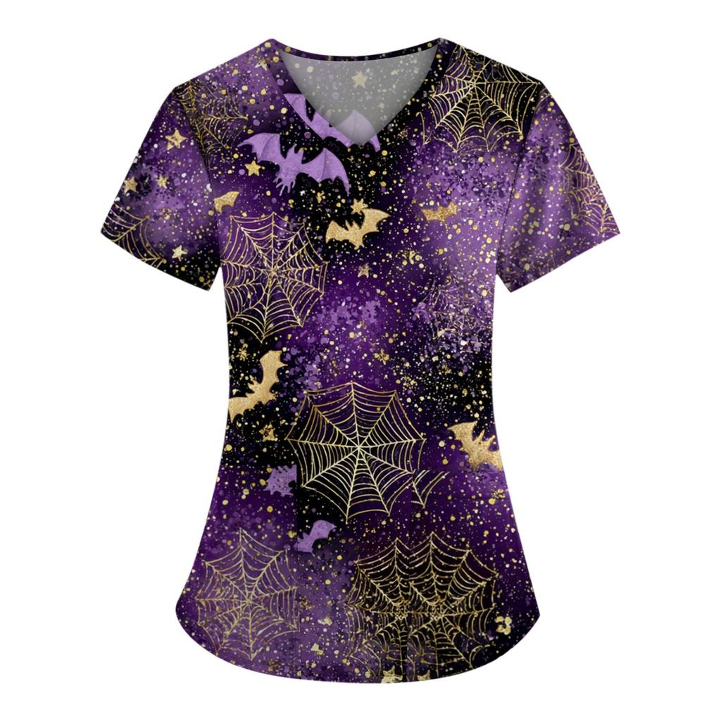 Plus SizePrinted Scrub Working Uniform Tops For Women's Cross V-Neck Halloween Print Short Sleeve Fun T-Shirts Workwear Tee With Pockets