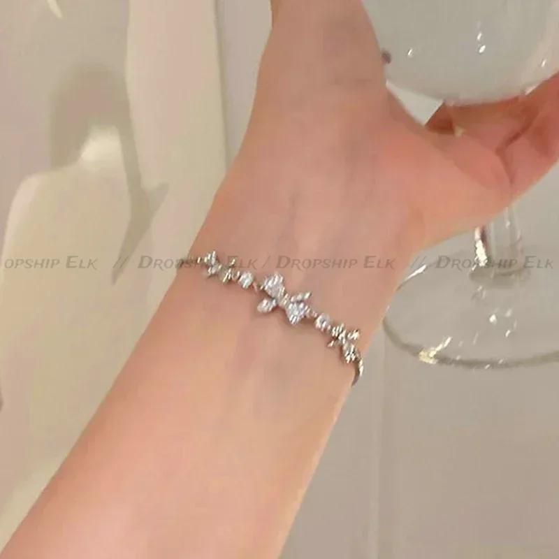 Y2K Zircon Korean Bracelets Women Hollow Out Y2K Butterfly Chain Bracelet Ins Heart Sterling Silver Sweet Girls Jewelry Gifts
