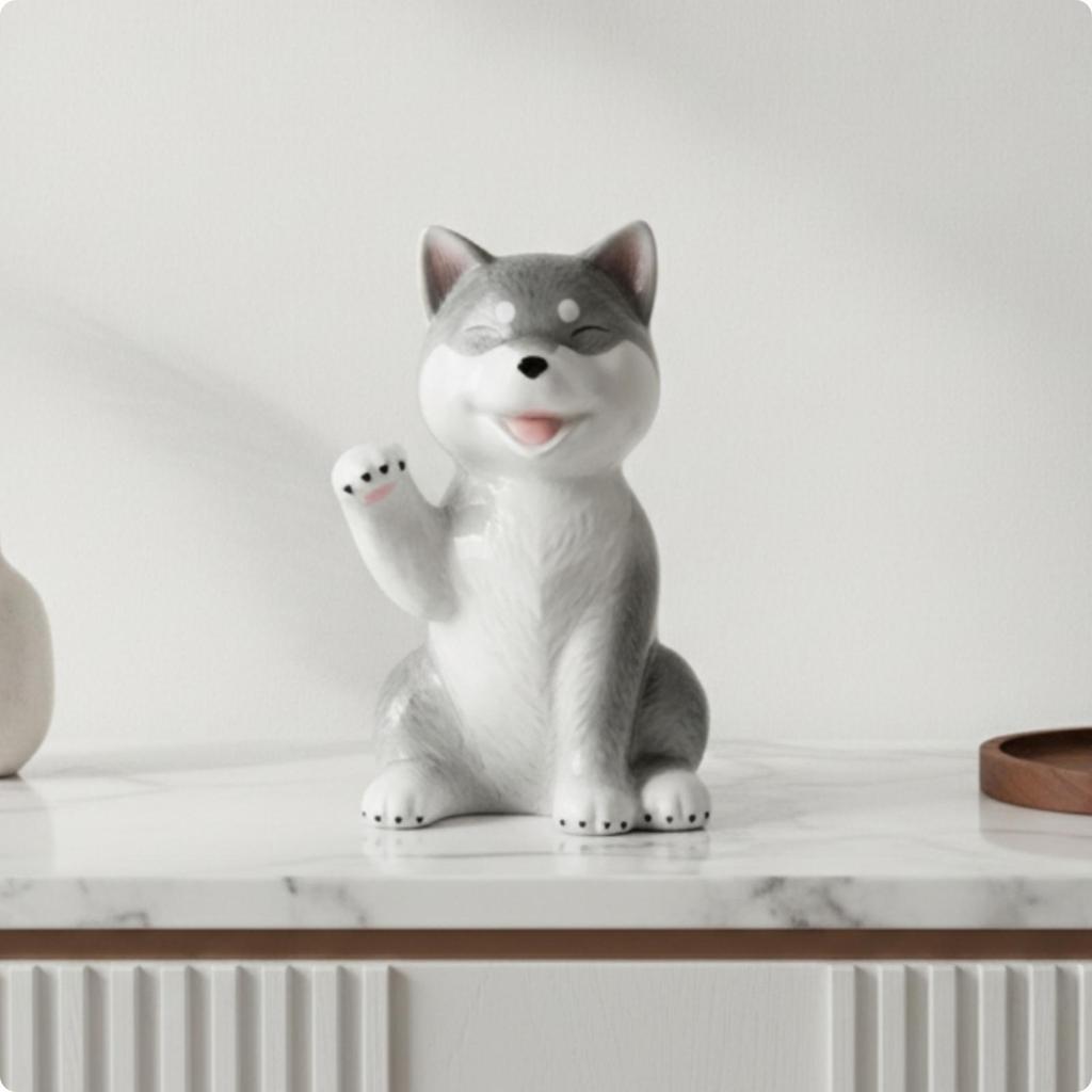 Dog Figurine with Neck Scarf Glossy Seated Compact for Office