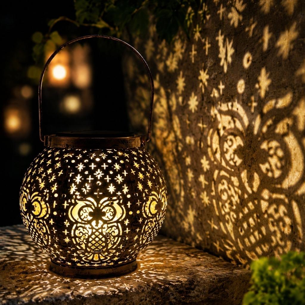 Solar Powered Owl Lantern Outdoor Decorative Garden Light Metal Hanging Lantern with Handle for Patio Yard Porch