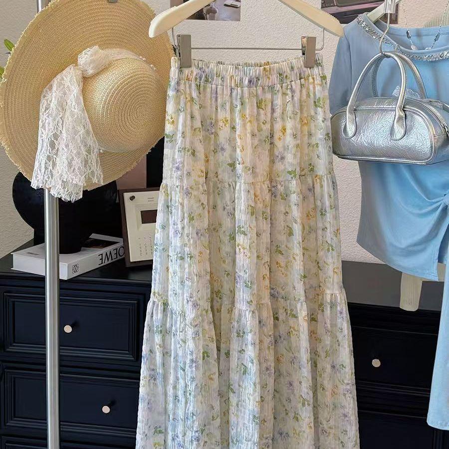 Gentle French Floral Skirt Summer New Small Fresh Long Skirt High Waist Slimming Half Body Skirt A-line Cake Skirt