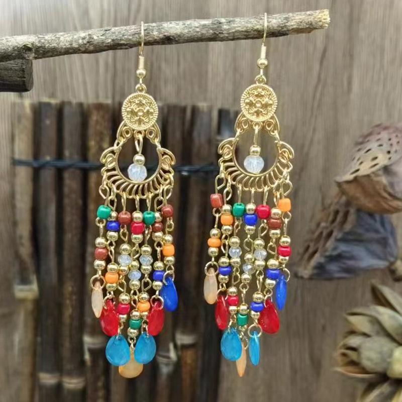 Bohemian Crystal Tassel Earrings - Ethnic Style, Slim Face, Exaggerated Design for Travel