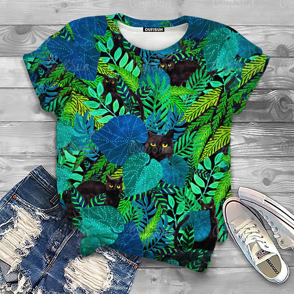Cute Cartoon Cat Print Women's T-Shirts Top Short Pullover Sleeved Fashion Casual Style O-Neck Tee Shirt Female Clothing Summer
