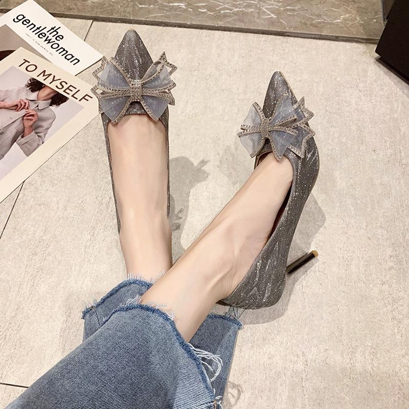 Large Size Bridesmaid Shoes Fattened Feet Wide Silver French Crystal Bridal Shoes Hepburn Style Evening Dress Women's Shoes High Heels