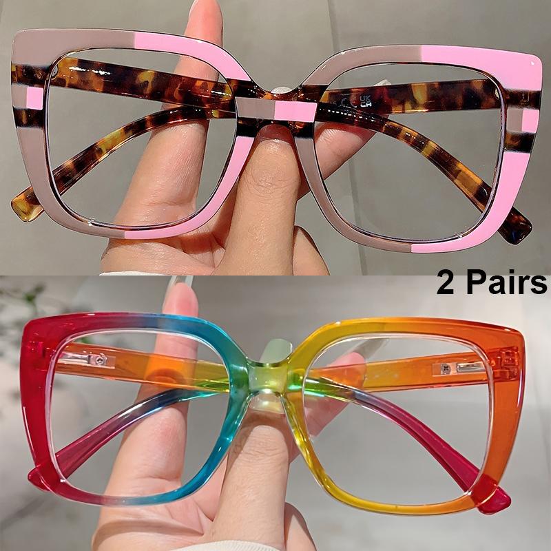 2 Pairs Oversized Square Glasses Women Fashion Patchwork Optical Frames Trendy Blue Light Blocking Multi-color Rim Eyeglasses