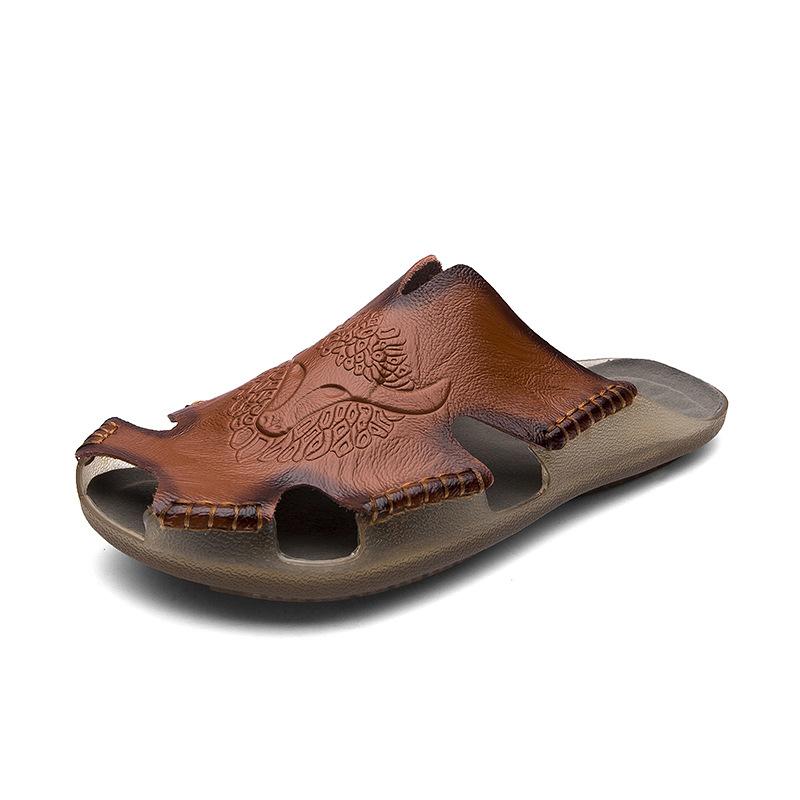 Summer Genuine Leather Men's Sandals Classic Breathable Slip-On Sandals Men Casual Beach Shoes Outdoor Slippers Plus Size2024