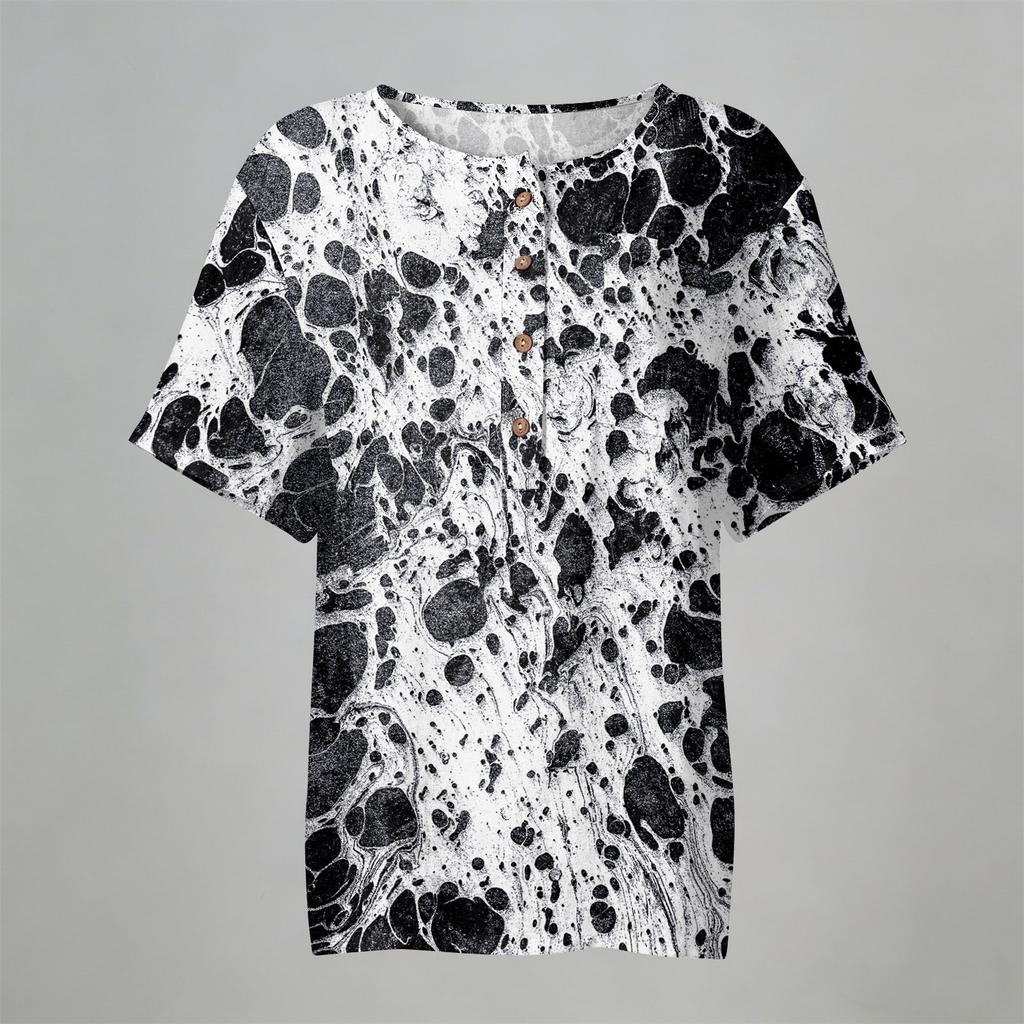 Women’s Printed Short Sleeve Henley Neck Shirt with Front Pocket Cotton Linen Material Relaxed Fit Casual Top