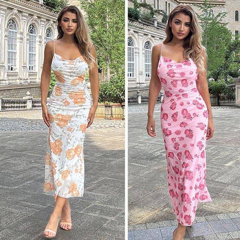 

Cross-Border Foreign Trade European and American Women s Clothing Amazon 2025 Summer Fashion Print Slim Fit Long Dress Sexy Sling Dress White S
