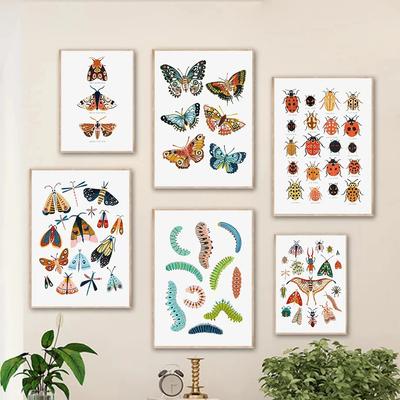 Poster și Imprimeuri Fluture Gărgăriță Omidă Primăvară Molie Picturi Moderne pe Pânză cu Plante Artă de Perete Pentru Living Decor Acasă