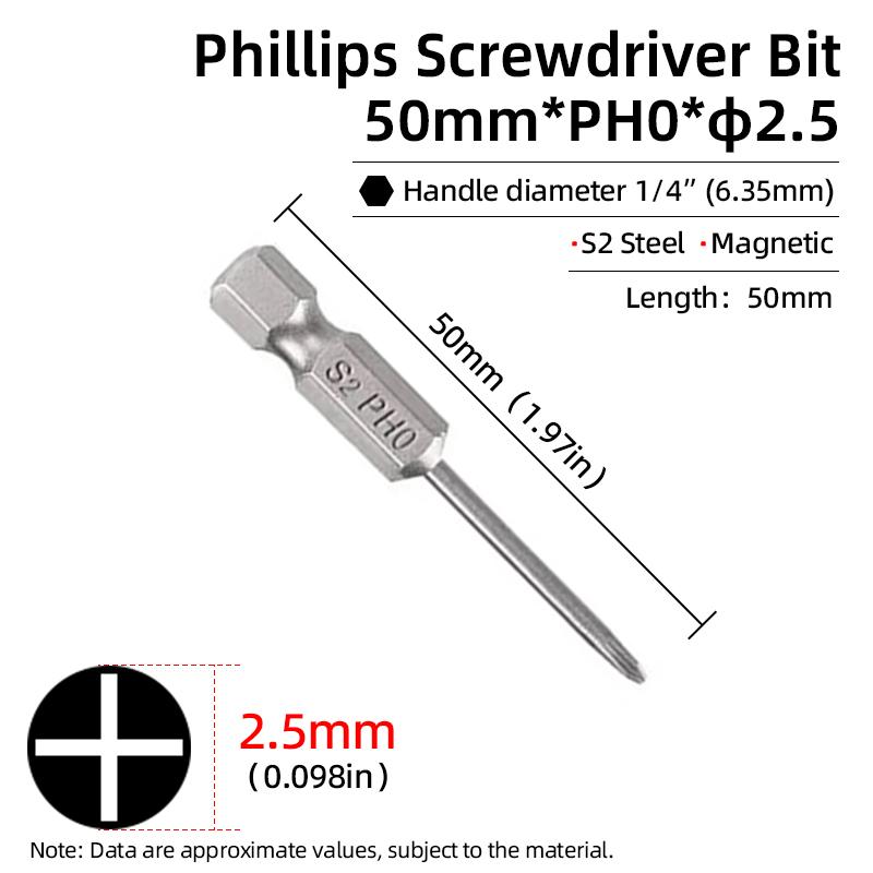 50mm Phillips Screwdriver Bit PH00/PH0/PH1/PH2 1/4” Hex Shank Magnetic S2 Steel Cross Head Screw Driver Bits Hand Power Tools