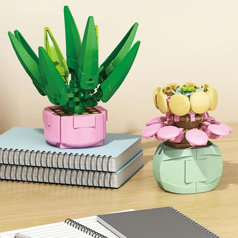 New Flowers Succulents Building Blocks Everlasting Bonsai Tree Gardens Romantic Girls Bricks Potted Plants Hot Model Kids Toys