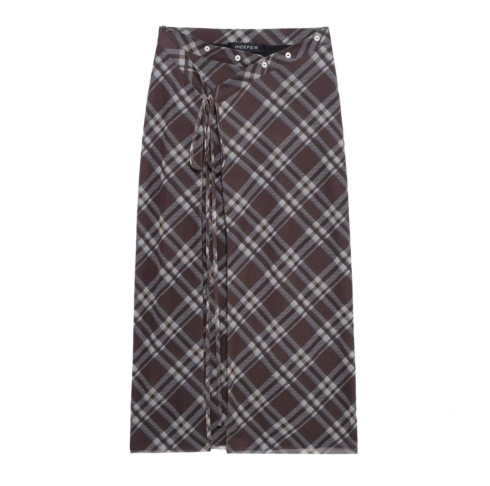 

European & American Women s Spring 2025 Street Fashion Plaid Tulle Cage Midi Skirt S