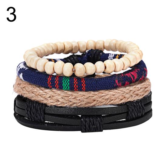 4Pcs/Set Vintage Men Mixed Style Braided Faux Leather Beaded Bracelet Bangle
