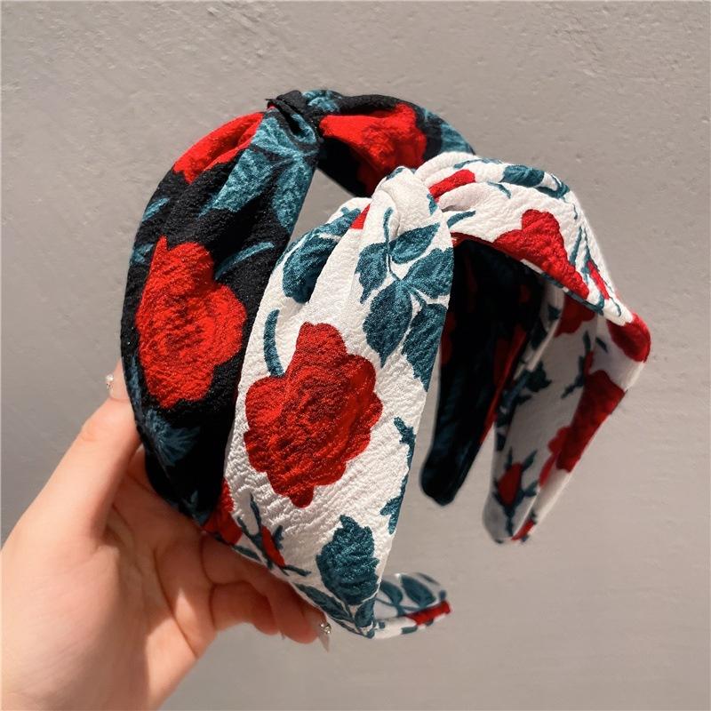 Exquisite Women Rose Print Cloth Knot Hairbands Female Party Shopping Head Hoop Wide Ladies Photography Headbands